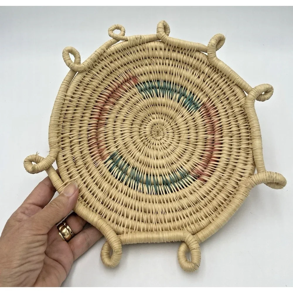 Vintage‎ Handwoven Coiled Basket Twisted Loop Rim 10